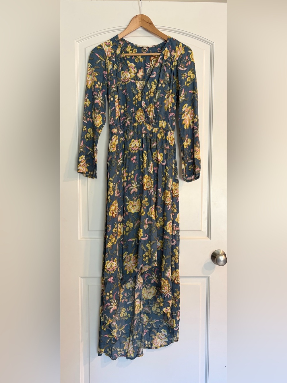 ROLLAS Camille Wrap Dress Blue Floral V-Neck Long Sleeve Size S